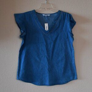 New Dimension Womens Blue Denim Look Cap Sleeve V-Neck Lace Trim Top Size Medium